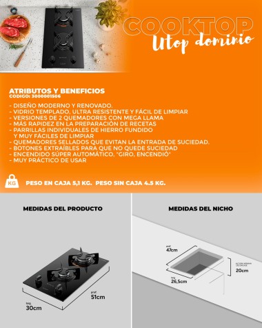 ATLAS COCINA COOKTOP U.TOP GLASS 2H DOMINO