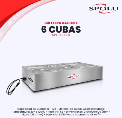 SPOLU BUFETERA MESA TERMICA 6 CUBAS INOX 210X1020X60MM 220V